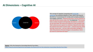 AI Dimensions – Cognitive AI
This concept of cognitive computing and human-like
reasoning has propelled Abdallat to take a giant leap beyond
the limits of "conventional AI" to help solve complex problems
and engage customers. "Machine learning or neural networks is
what we call the numeric side of AI," he explained. "The human
brain is really not good at doing large calculations; a calculator
can do that faster. But what we're good at is that symbolic side.
That's where we are superior to machines. Beyond Limits takes
the outputs from these numeric tools -- machine learning, deep
learning, neural nets -- and we make actionable intelligence
when the presence of human beings is not possible or when
you want to automate that layer.“
Numeric SymbolicCOGNITIVE
Source: AI for the Enterprise transmitted directly from Mars:
https://searchcustomerexperience.techtarget.com/feature/AI-for-the-enterprise-transmitted-directly-from-Mars
 