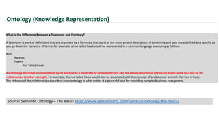 What is the Difference Between a Taxonomy and Ontology?
A taxonomy is a set of definitions that are organized by a hierarchy that starts at the most general description of something and gets more defined and specific as
you go down the hierarchy of terms. For example, a red-tailed hawk could be represented in a common language taxonomy as follows:
Bird
Raptors
Hawks
Red Tailed Hawk
An ontology describes a concept both by its position in a hierarchy of common factors like the above description of the red-tailed hawk but also by its
relationships to other concepts. For example, the red-tailed hawk would also be associated with the concept of predators or animals that live in trees.
The richness of the relationships described in an ontology is what makes it a powerful tool for modeling complex business ecosystems.
Ontology (Knowledge Representation)
Source: Semantic Ontology – The Basics https://www.semanticarts.com/semantic-ontology-the-basics/
 