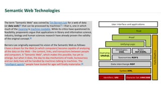 Semantic Web Technologies
The term “Semantic Web” was coined by Tim Berners-Lee for a web of data
(or data web)[6] that can be processed by machines[7]—that is, one in which
much of the meaning is machine-readable. While its critics have questioned its
feasibility, proponents argue that applications in library and information science,
industry, biology and human sciences research have already proven the validity
of the original concept.[8]
Berners-Lee originally expressed his vision of the Semantic Web as follows:
I have a dream for the Web [in which computers] become capable of analyzing
all the data on the Web – the content, links, and transactions between people
and computers. A "Semantic Web", which makes this possible, has yet to
emerge, but when it does, the day-to-day mechanisms of trade, bureaucracy
and our daily lives will be handled by machines talking to machines. The
"intelligent agents" people have touted for ages will finally materialize.[9]
 