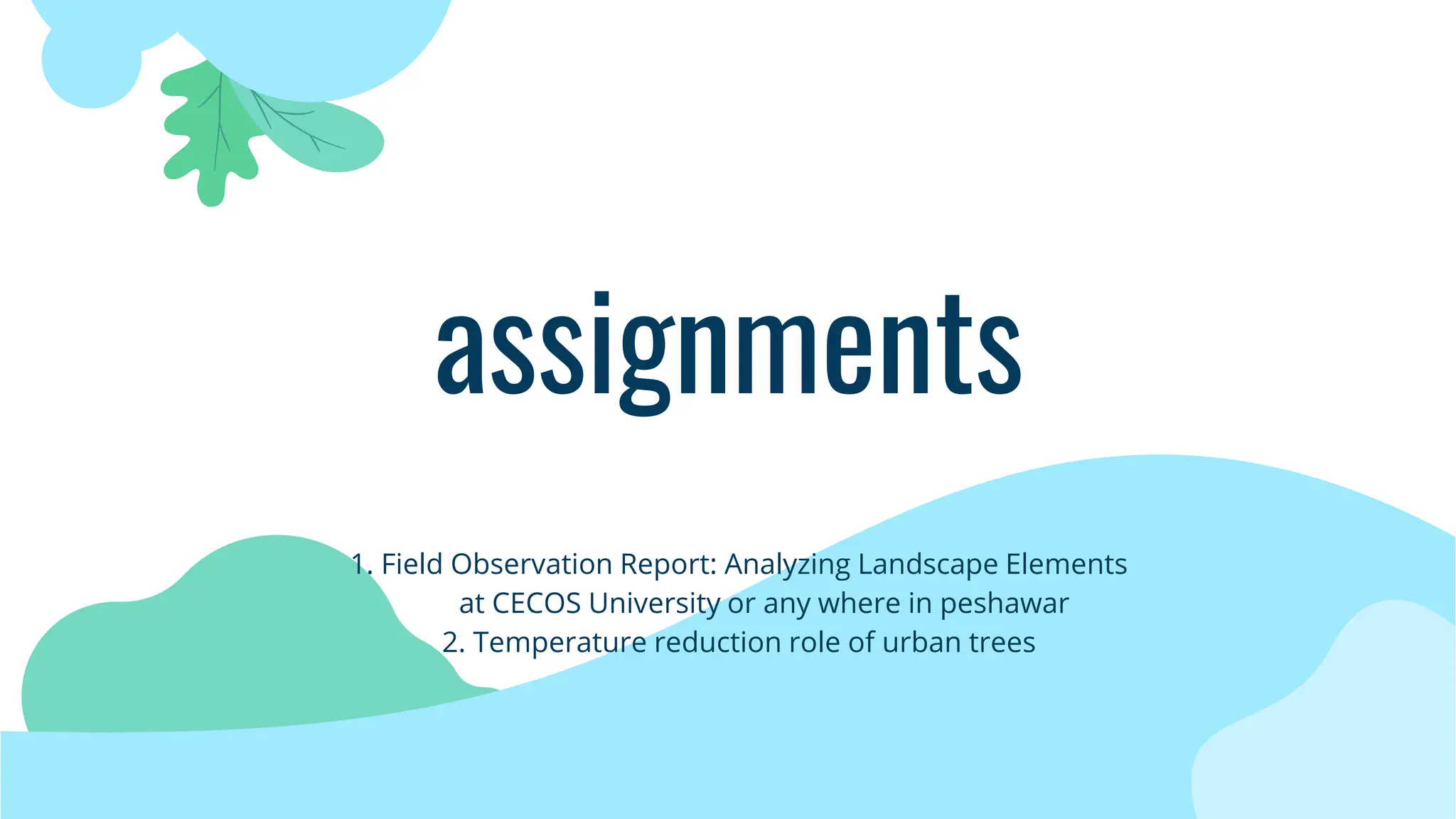 assignments
1. Field Observation Report: Analyzing Landscape Elements
at CECOS University or any where in peshawar
2. Temperature reduction role of urban trees
 