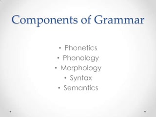 Components of Grammar

        • Phonetics
       • Phonology
      • Morphology
          • Syntax
       • Semantics
 