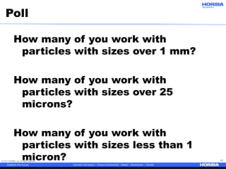 © 2017 HORIBA, Ltd. All rights reserved. 17
Poll
How many of you work with
particles with sizes over 1 mm?
How many of you work with
particles with sizes over 25
microns?
How many of you work with
particles with sizes less than 1
micron?
 
