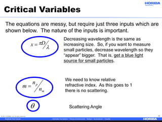 © 2017 HORIBA, Ltd. All rights reserved. 19
Critical Variables

l
pDx 
m
p
n
n
m 
Decreasing wavelength is the same as
increasing size. So, if you want to measure
small particles, decrease wavelength so they
“appear” bigger. That is, get a blue light
source for small particles.
The equations are messy, but require just three inputs which are
shown below. The nature of the inputs is important.
We need to know relative
refractive index. As this goes to 1
there is no scattering.
Scattering Angle
 