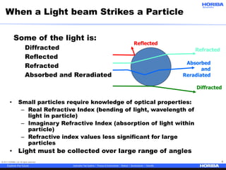 © 2017 HORIBA, Ltd. All rights reserved. 6
When a Light beam Strikes a Particle
Some of the light is:
Diffracted
Reflected
Refracted
Absorbed and Reradiated
• Small particles require knowledge of optical properties:
– Real Refractive Index (bending of light, wavelength of
light in particle)
– Imaginary Refractive Index (absorption of light within
particle)
– Refractive index values less significant for large
particles
• Light must be collected over large range of angles
Reflected
Refracted
Absorbed
and
Reradiated
Diffracted
 