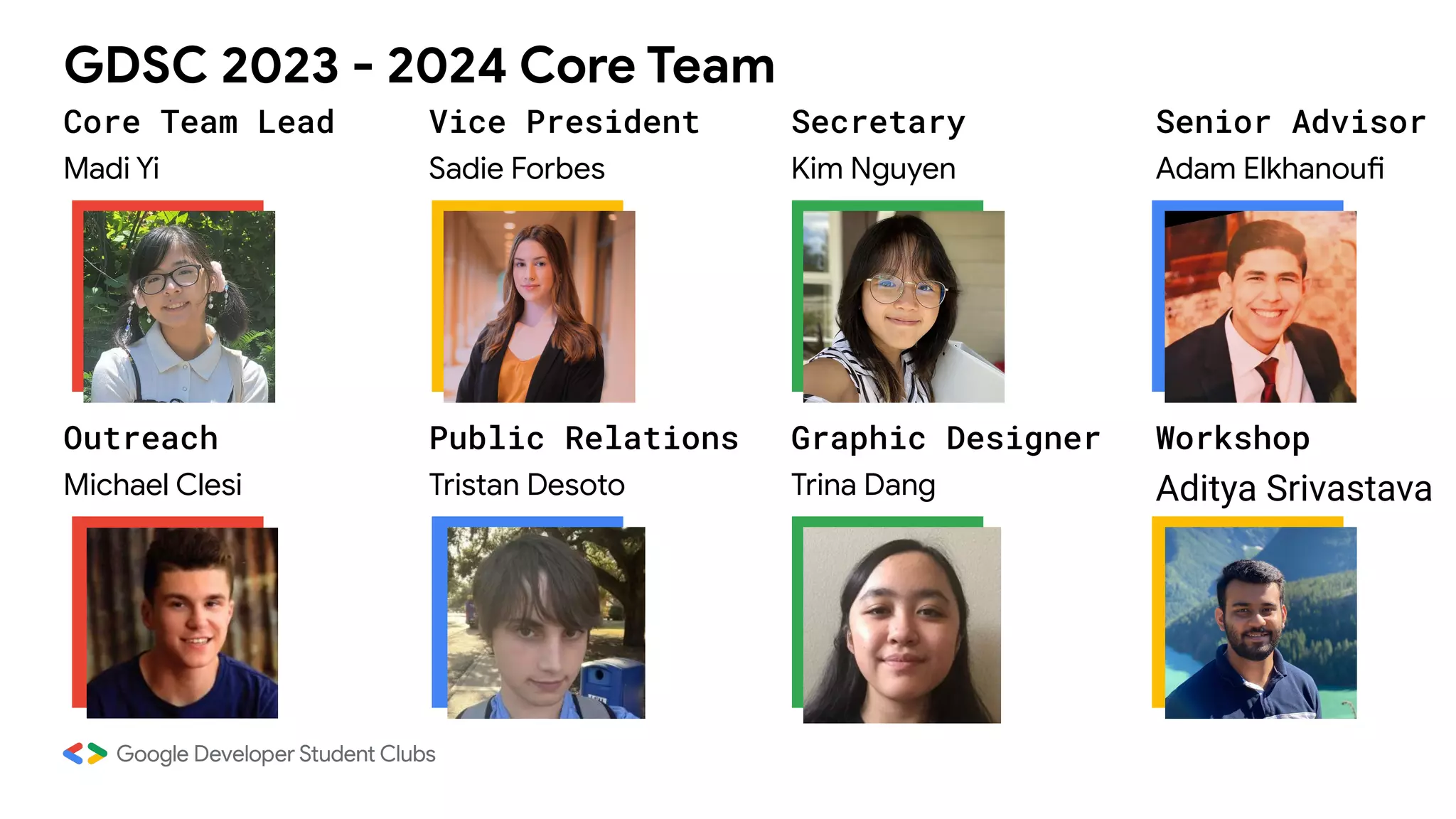 GDSC 2023 - 2024 Core Team
Core Team Lead Vice President Secretary Senior Advisor
Madi Yi Sadie Forbes Kim Nguyen Adam Elkhanoufi
Outreach Public Relations Graphic Designer Workshop
Michael Clesi Tristan Desoto Trina Dang Aditya Srivastava
 