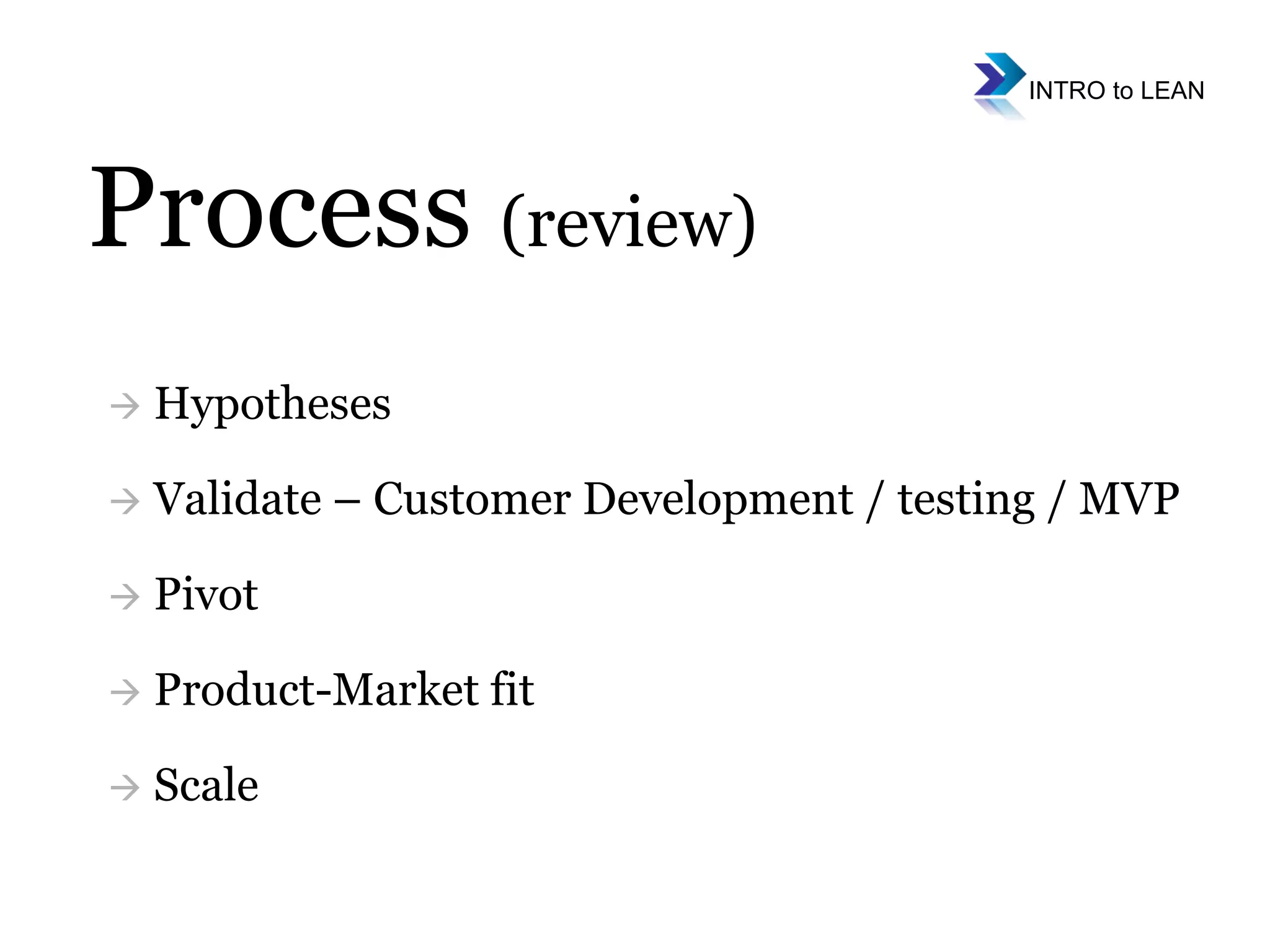    Hypotheses    Validate – Customer Development / testing / MVP    Pivot    Product-Market fit    Scale Process  (review) 