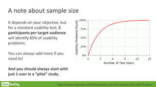 A note about sample size
It depends on your objective, but
for a standard usability test, 5
participants per target audience
will identify 85% of usability
problems.
You can always add more if you
need to!
And you should always start with
just 1 user in a “pilot” study.
https://www.nngroup.com/articles/why-you-only-need-to-test-with-5-users/
 