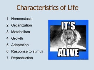 Characteristics of Life 
1. Homeostasis 
2. Organization 
3. Metabolism 
4. Growth 
5. Adaptation 
6. Response to stimuli ...
