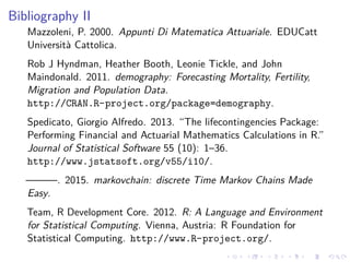 Bibliography II
Mazzoleni, P. 2000. Appunti Di Matematica Attuariale. EDUCatt
Università Cattolica.
Rob J Hyndman, Heather Booth, Leonie Tickle, and John
Maindonald. 2011. demography: Forecasting Mortality, Fertility,
Migration and Population Data.
http://CRAN.R-project.org/package=demography.
Spedicato, Giorgio Alfredo. 2013. “The lifecontingencies Package:
Performing Financial and Actuarial Mathematics Calculations in R.”
Journal of Statistical Software 55 (10): 1–36.
http://www.jstatsoft.org/v55/i10/.
———. 2015. markovchain: discrete Time Markov Chains Made
Easy.
Team, R Development Core. 2012. R: A Language and Environment
for Statistical Computing. Vienna, Austria: R Foundation for
Statistical Computing. http://www.R-project.org/.
 