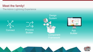 Meet the family!
The Admin Lightning Experience
Connect Process
Builder
App
Builder
Component
Framework
Design
System
 