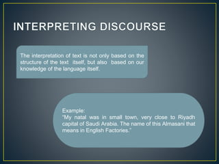 The interpretation of text is not only based on the 
structure of the text itself, but also based on our 
knowledge of the language itself. 
Example: 
“My natal was in small town, very close to Riyadh 
capital of Saudi Arabia. The name of this Almasani that 
means in English Factories.” 
 