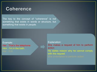 The key to the concept of “coherence” is not 
something that exists in words or structure, but 
something that exists in people. 
Example: 
Her : That’s the telephone. 
Him : I’m in the bath. 
Her : O.K. 
Explanation: 
She makes a request of him to perform 
action 
He states reason why he cannot comply 
with the request 
She undertakes to perform action 
 