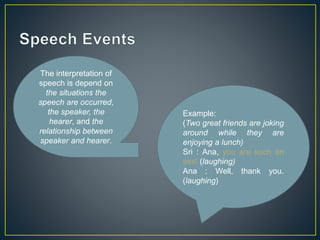 The interpretation of 
speech is depend on 
the situations the 
speech are occurred, 
the speaker, the 
hearer, and the 
relationship between 
speaker and hearer. 
Example: 
(Two great friends are joking 
around while they are 
enjoying a lunch) 
Sri : Ana, you are such an 
ass! (laughing) 
Ana : Well, thank you. 
(laughing) 
 