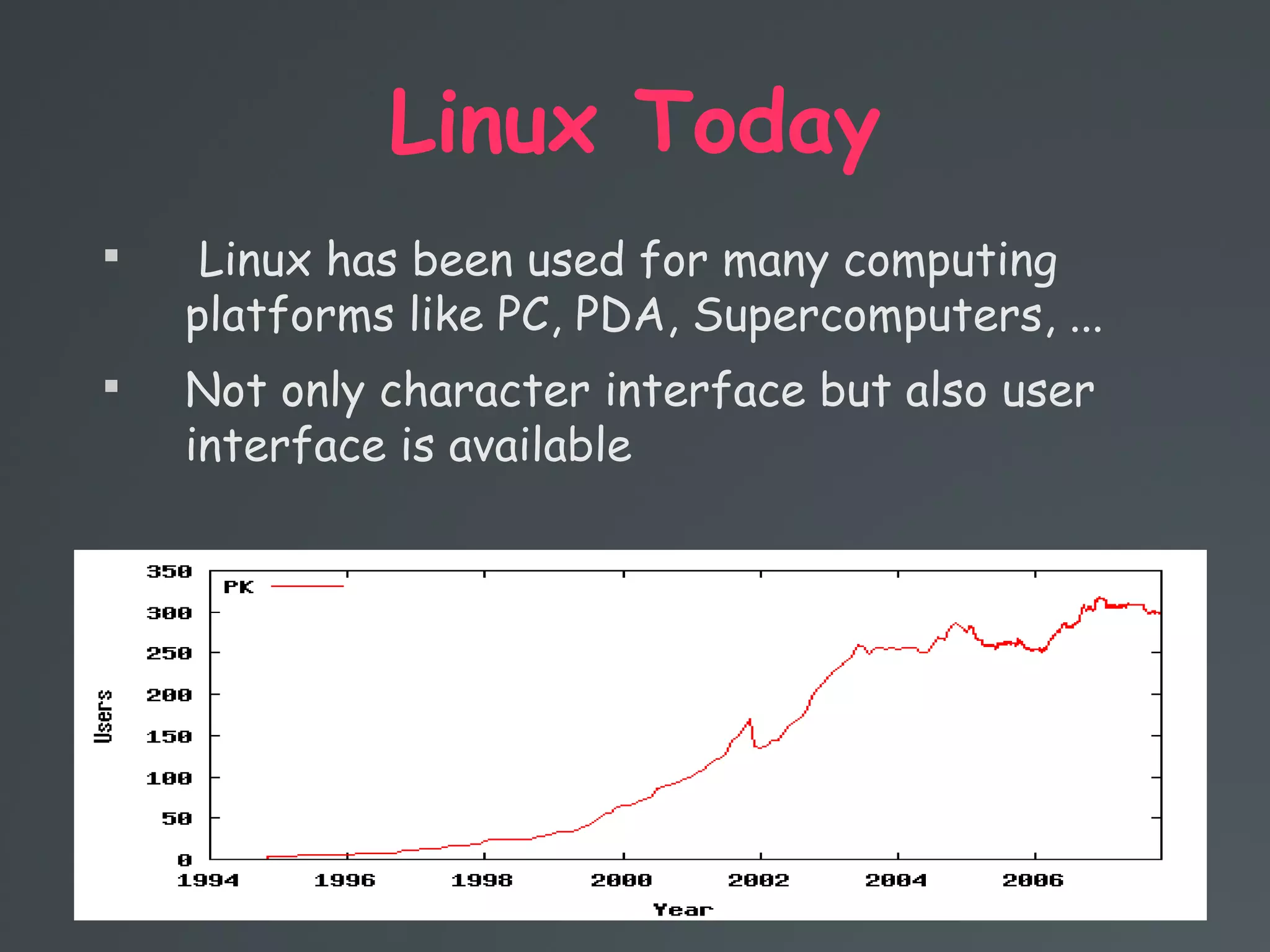Linux Today

Linux has been used for many computing
platforms like PC, PDA, Supercomputers, ...

Not only character interface but also user
interface is available
 