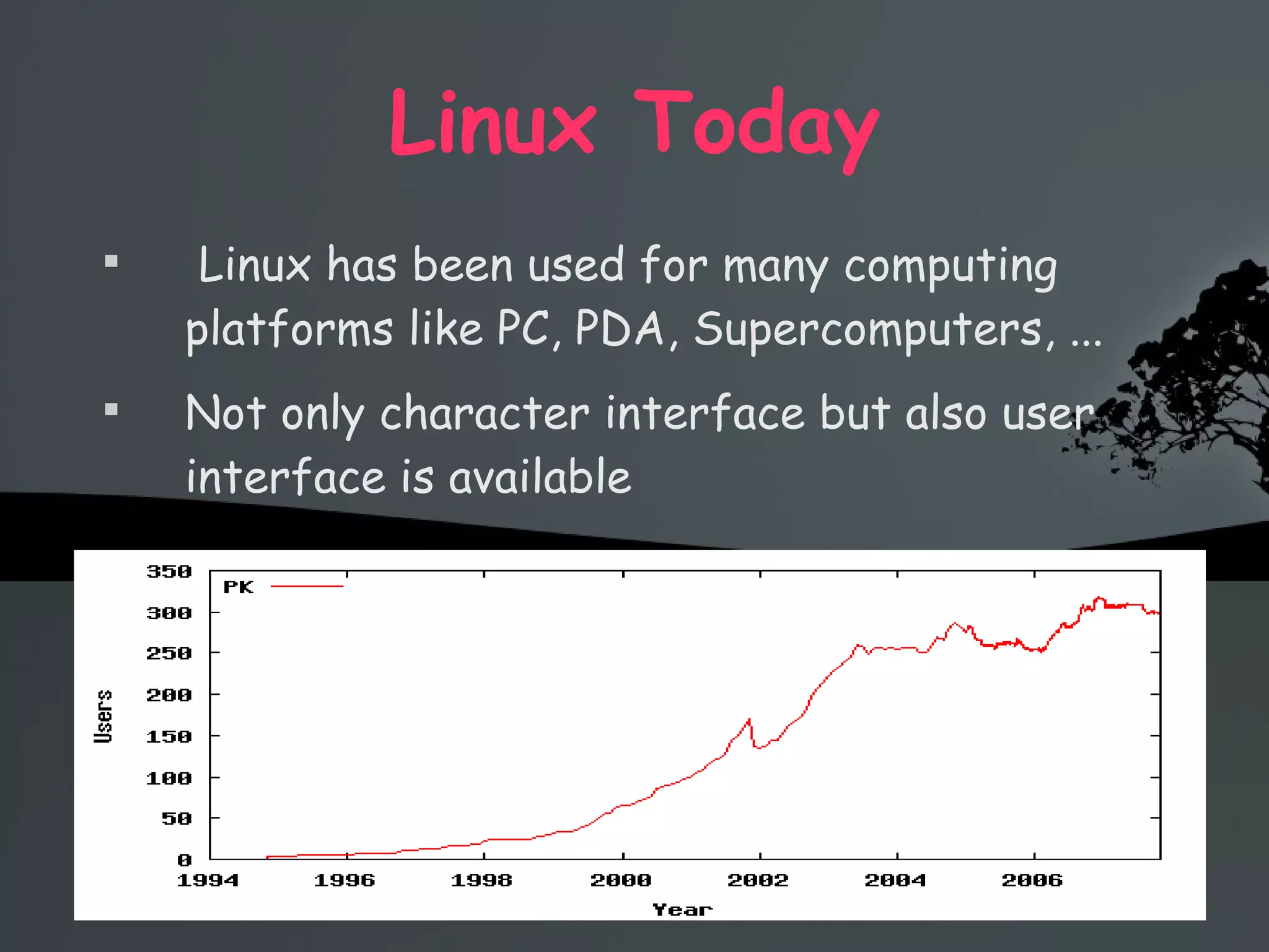 Linux Today Linux has been used for many computing platforms like PC, PDA, Supercomputers, ... Not only character interface but also user interface is available 