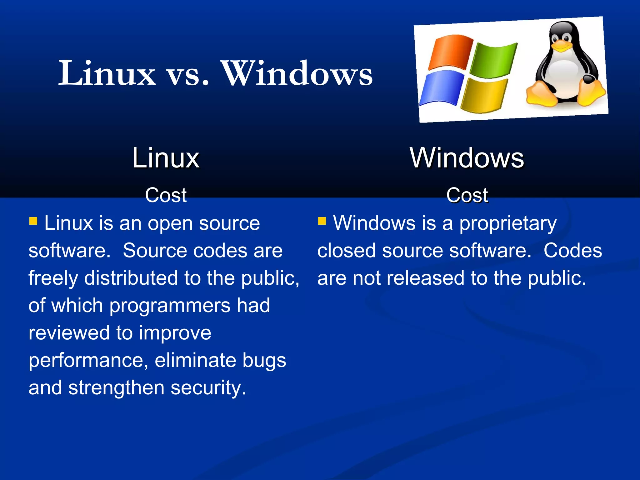 Linux vs. Windows

           Linux                           Windows
               Cost                             Cost
 Linux is an open source          Windows is a proprietary

software. Source codes are        closed source software. Codes
freely distributed to the public, are not released to the public.
of which programmers had
reviewed to improve
performance, eliminate bugs
and strengthen security.
 