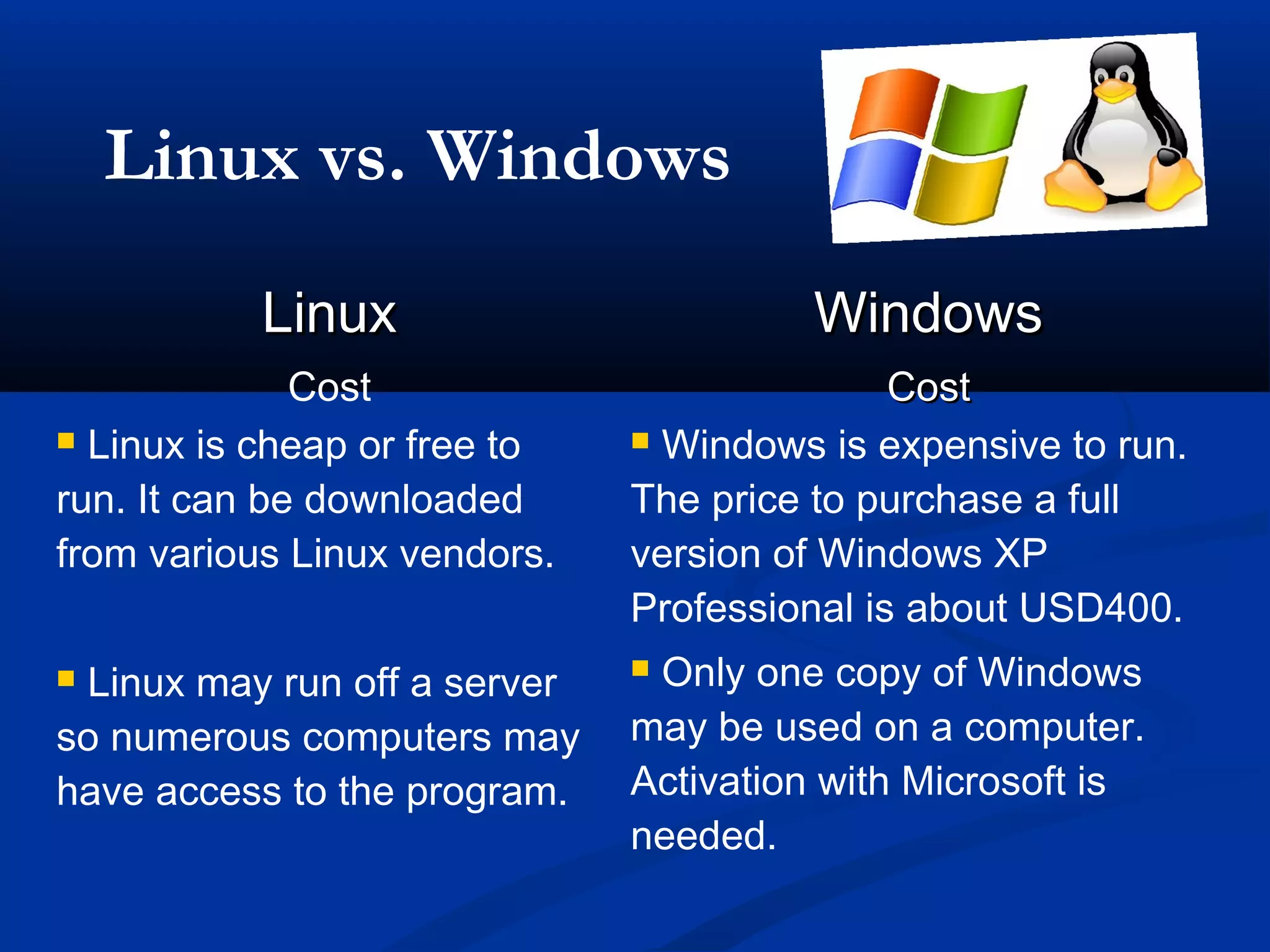 Linux vs. Windows
           Linux                       Windows
              Cost                           Cost
 Linux is cheap or free to    Windows is expensive to run.

run. It can be downloaded     The price to purchase a full
from various Linux vendors.   version of Windows XP
                              Professional is about USD400.
Linux may run off a server   Only one copy of Windows
so numerous computers may     may be used on a computer.
have access to the program.   Activation with Microsoft is
                              needed.
 