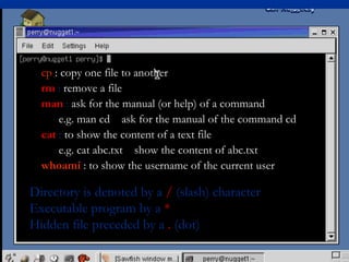 cp : copy one file to another
  rm : remove a file
  man : ask for the manual (or help) of a command
      e.g. man cd ask for the manual of the command cd
  cat : to show the content of a text file
      e.g. cat abc.txt show the content of abc.txt
  whoami : to show the username of the current user

Directory is denoted by a / (slash) character
Executable program by a *
Hidden file preceded by a . (dot)
 