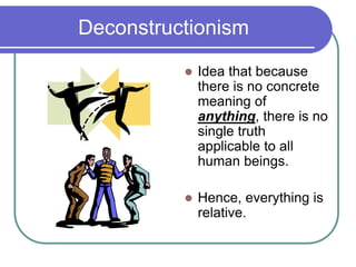 Deconstructionism
 Idea that because
there is no concrete
meaning of
anything, there is no
single truth
applicable to all
human beings.
 Hence, everything is
relative.
 