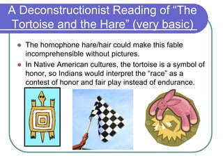 A Deconstructionist Reading of “The
Tortoise and the Hare” (very basic)
 The homophone hare/hair could make this fable
incomprehensible without pictures.
 In Native American cultures, the tortoise is a symbol of
honor, so Indians would interpret the “race” as a
contest of honor and fair play instead of endurance.
 