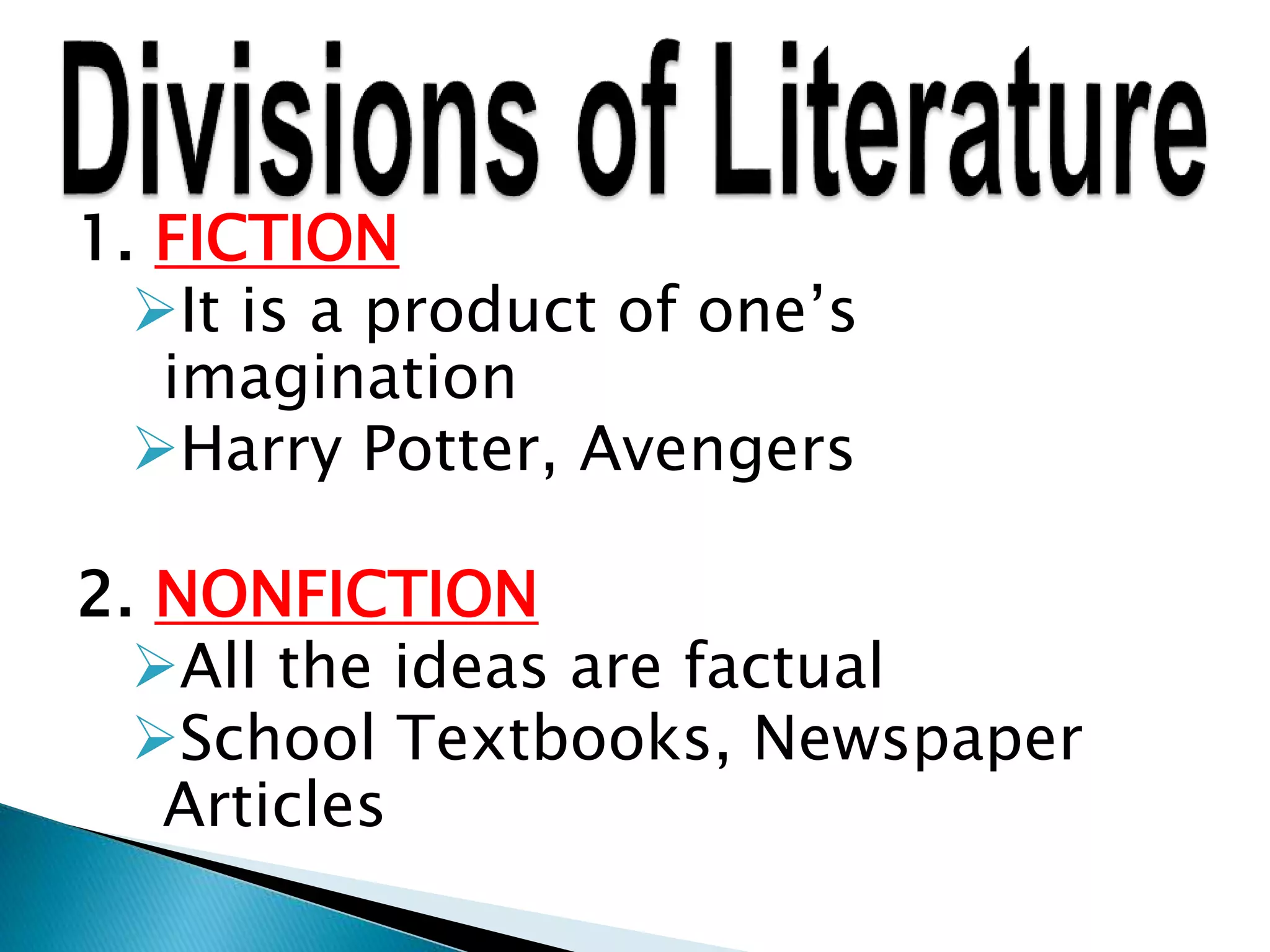 1. FICTION
It is a product of one’s
imagination
Harry Potter, Avengers
2. NONFICTION
All the ideas are factual
School Textbooks, Newspaper
Articles
