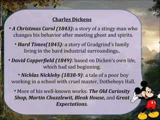 Charles Dickens
• A Christmas Carol (1843): a story of a stingy man who
changes his behavior after meeting ghost and spirits.
• Hard Times(1845): a story of Gradgrind’s family
living in the hard industrial surroundings..
• David Copperfield (1849): based on Dicken’s own life,
which had sad beginning.
• Nichlas Nickleby (1838-9): a tale of a poor boy
working in a school with cruel master, Dotheboys Hall.
• More of his well-known works: The Old Curiosity
Shop, Martin Chuzzlewit, Bleak House, and Great
Expectations.
 