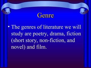 Genre
Genre
• The genres of literature we will
study are poetry, drama, fiction
(short story, non-fiction, and
novel) and film.
 