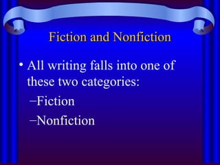 Fiction and Nonfiction
Fiction and Nonfiction
• All writing falls into one of
these two categories:
–Fiction
–Nonfiction
 