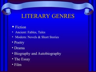 LITERARY GENRES
LITERARY GENRES
 Fiction
• Ancient: Fables, Tales
• Modern: Novels & Short Stories
• Poetry
• Drama
• Biography and Autobiography
• The Essay
• Film
 
