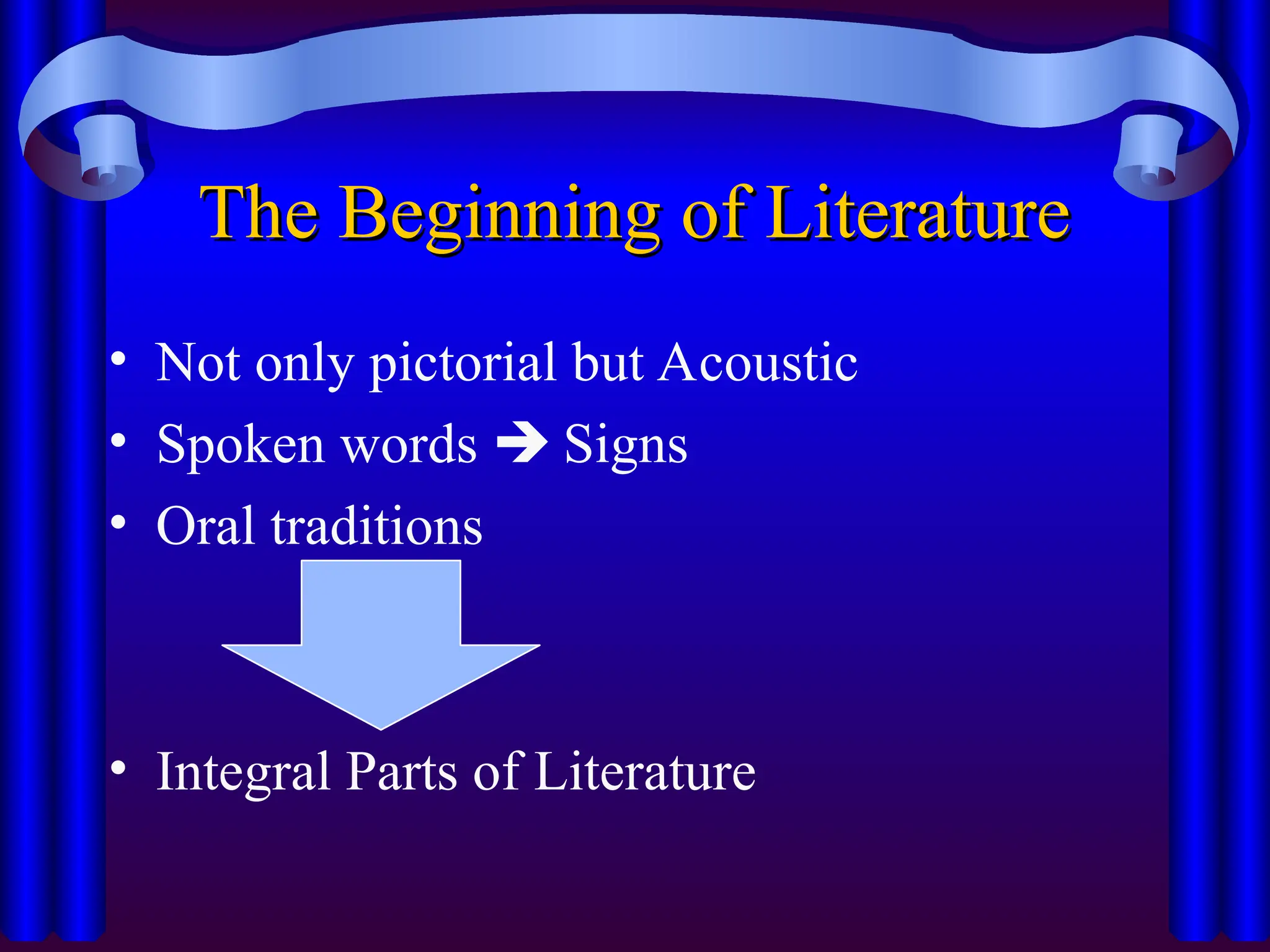 The Beginning of Literature
The Beginning of Literature
• Not only pictorial but Acoustic
• Spoken words  Signs
• Oral traditions
• Integral Parts of Literature
 