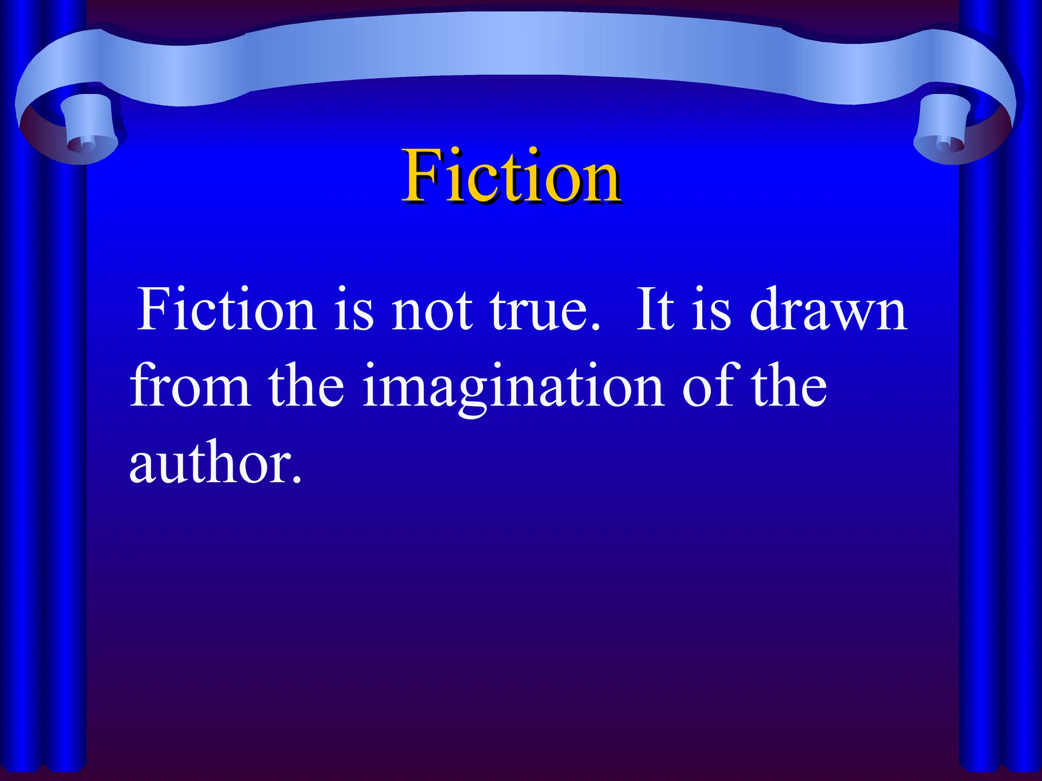 Fiction
Fiction
Fiction is not true. It is drawn
from the imagination of the
author.
 