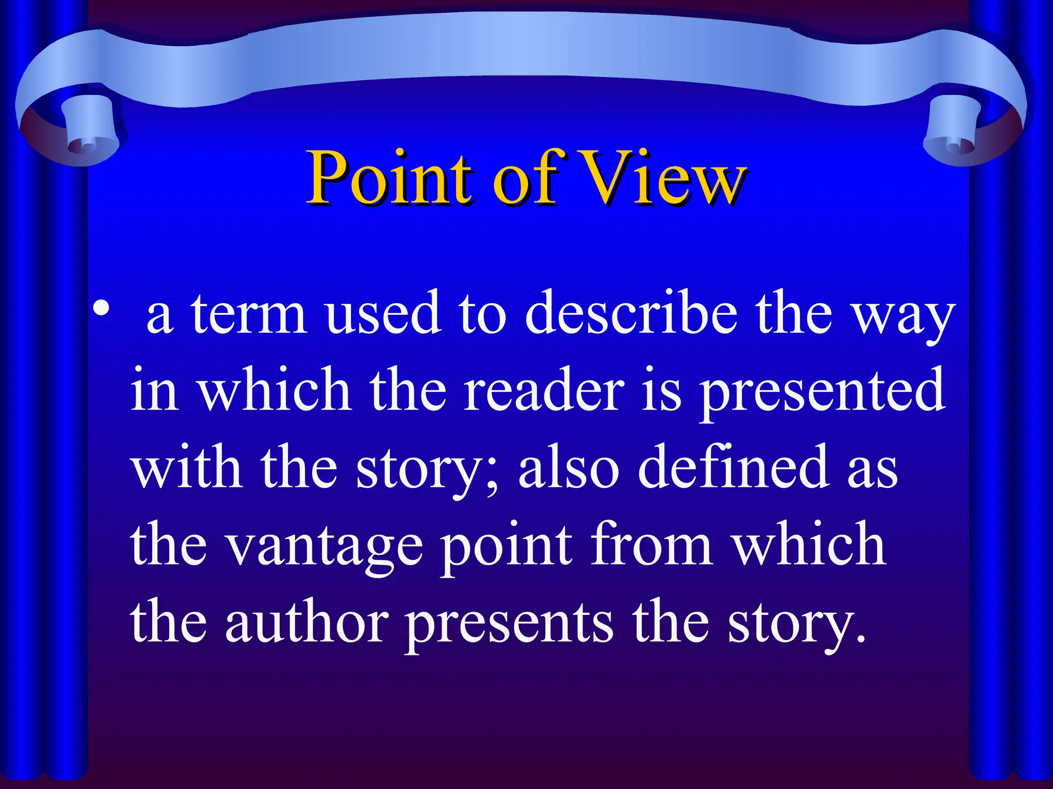 Point of View
Point of View
• a term used to describe the way
in which the reader is presented
with the story; also defined as
the vantage point from which
the author presents the story.
 