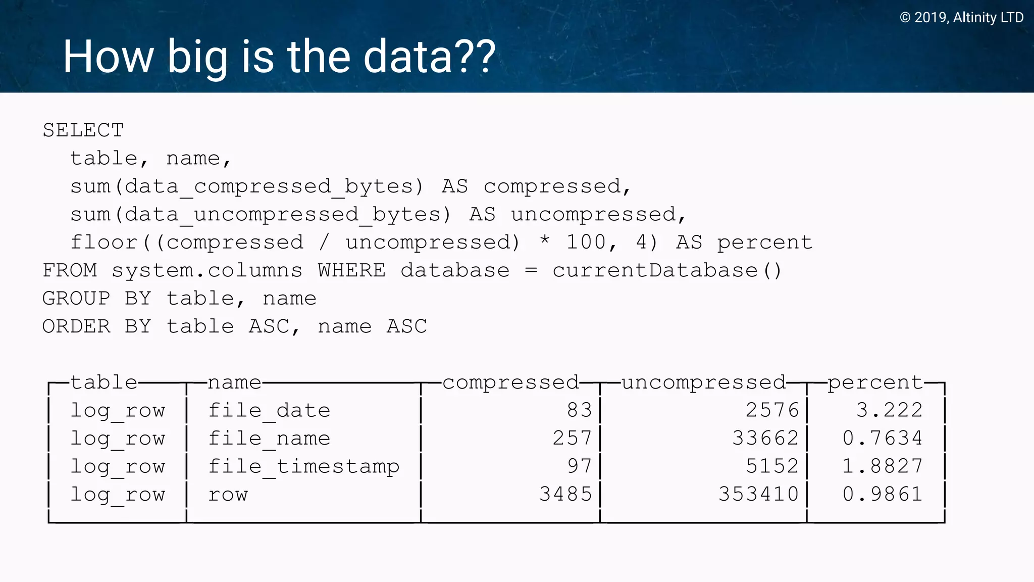 © 2019, Altinity LTD
How big is the data??
SELECT
table, name,
sum(data_compressed_bytes) AS compressed,
sum(data_uncompressed_bytes) AS uncompressed,
floor((compressed / uncompressed) * 100, 4) AS percent
FROM system.columns WHERE database = currentDatabase()
GROUP BY table, name
ORDER BY table ASC, name ASC
┌─table───┬─name───────────┬─compressed─┬─uncompressed─┬─percent─┐
│ log_row │ file_date │ 83│ 2576│ 3.222 │
│ log_row │ file_name │ 257│ 33662│ 0.7634 │
│ log_row │ file_timestamp │ 97│ 5152│ 1.8827 │
│ log_row │ row │ 3485│ 353410│ 0.9861 │
└─────────┴────────────────┴────────────┴──────────────┴─────────┘
 