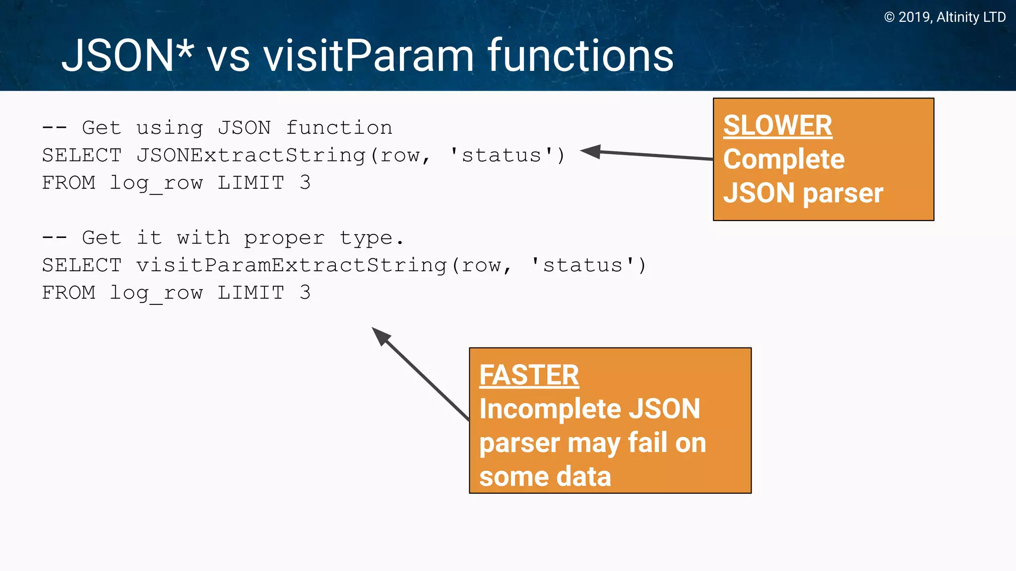 © 2019, Altinity LTD
-- Get using JSON function
SELECT JSONExtractString(row, 'status')
FROM log_row LIMIT 3
-- Get it with proper type.
SELECT visitParamExtractString(row, 'status')
FROM log_row LIMIT 3
JSON* vs visitParam functions
SLOWER
Complete
JSON parser
FASTER
Incomplete JSON
parser may fail on
some data
 