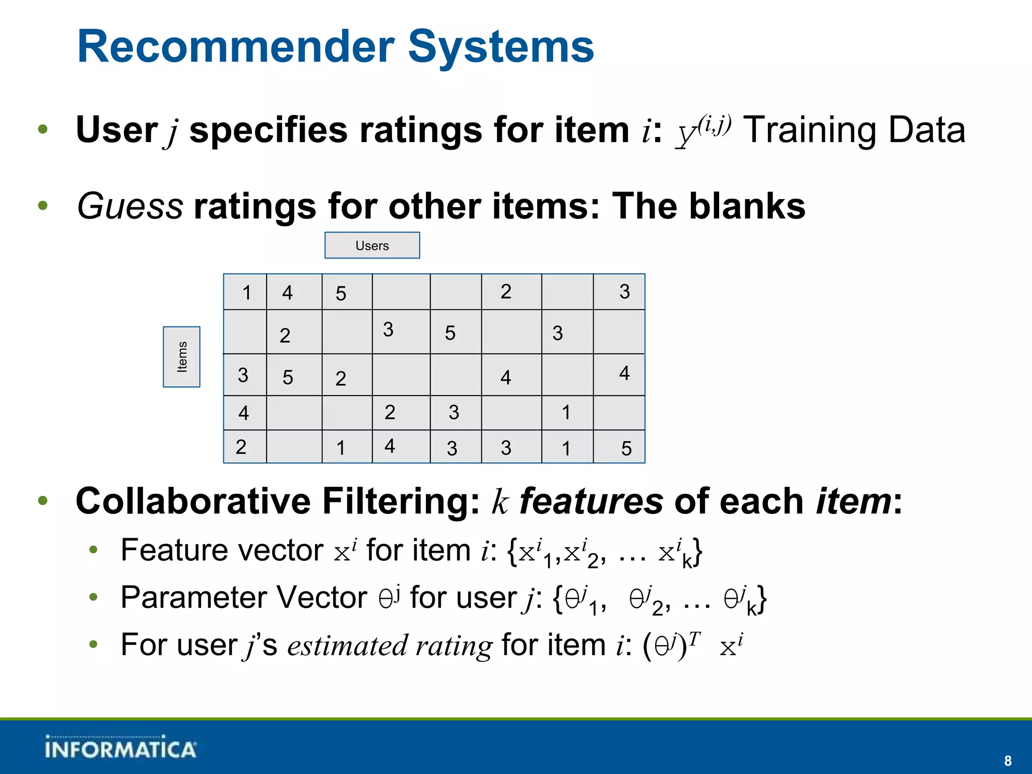 8 
Recommender Systems 
• User j specifies ratings for item i: y(i,j) Training Data 
• Guess ratings for other items: The blanks 
Items 
Users 
1 5 
3 
4 
2 
4 
2 
5 
2 
1 
3 
2 
4 
5 
3 
3 
2 
4 
3 
3 
1 
1 
3 
4 
5 
• Collaborative Filtering: k features of each item: 
• Feature vector xi for item i: {xi 
1,xi 
2, … xi 
k} 
• Parameter Vector θj for user j: {θj 
1, θj 
2, … θj 
k} 
• For user j’s estimated rating for item i: (θj)T xi 
 