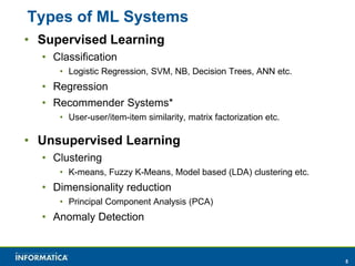 5 
Types of ML Systems 
• Supervised Learning 
• Classification 
• Logistic Regression, SVM, NB, Decision Trees, ANN etc. 
• Regression 
• Recommender Systems* 
• User-user/item-item similarity, matrix factorization etc. 
• Unsupervised Learning 
• Clustering 
• K-means, Fuzzy K-Means, Model based (LDA) clustering etc. 
• Dimensionality reduction 
• Principal Component Analysis (PCA) 
• Anomaly Detection 
 