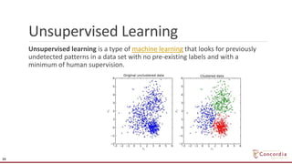 Unsupervised Learning
Unsupervised learning is a type of machine learning that looks for previously
undetected patterns in a data set with no pre-existing labels and with a
minimum of human supervision.
16
 