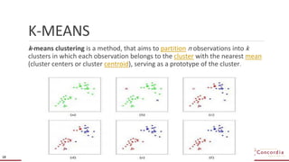 K-MEANS
k-means clustering is a method, that aims to partition n observations into k
clusters in which each observation belongs to the cluster with the nearest mean
(cluster centers or cluster centroid), serving as a prototype of the cluster.
18
 