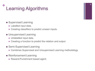 +

6

Learning Algorithms


Supervised Learning





Unsupervised Learning






Unlabelled input data.
Creating a function to predict the relation and output

Semi-Supervised Learning




Labelled input data.
Creating classifiers to predict unseen inputs.

Combines Supervised and Unsupervised Learning methodology

Reinforcement Learning


Reward-Punishment based agent.

 
