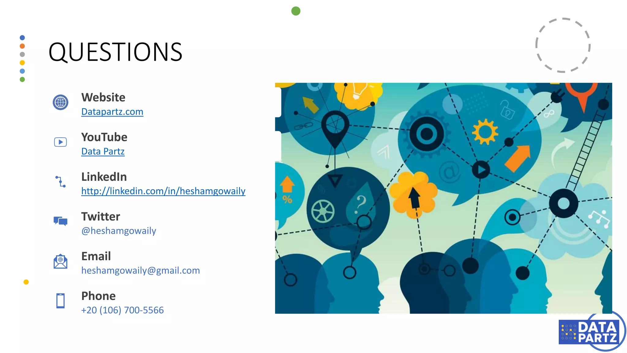 QUESTIONS
Website
Datapartz.com
YouTube
Data Partz
LinkedIn
http://linkedin.com/in/heshamgowaily
Twitter
@heshamgowaily
Email
heshamgowaily@gmail.com
Phone
+20 (106) 700-5566
 