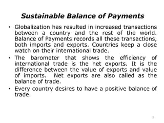 15
Sustainable Balance of Payments
• Globalization has resulted in increased transactions
between a country and the rest of the world.
Balance of Payments records all these transactions,
both imports and exports. Countries keep a close
watch on their international trade.
• The barometer that shows the efficiency of
international trade is the net exports. It is the
difference between the value of exports and value
of imports. Net exports are also called as the
balance of trade.
• Every country desires to have a positive balance of
trade.
 