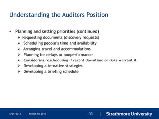 Understanding the Auditors Position

• Planning and setting priorities (continued)
           Requesting documents (discovery requests)
            Scheduling people’s time and availability
           Arranging travel and accommodations
            Planning for delays or nonperformance
            Considering rescheduling if recent downtime or risks warrant it
            Developing alternative strategies
            Developing a briefing schedule




5/29/2012      Report for 2010                   33    |
 