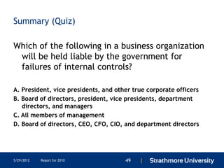 Summary (Quiz)

Which of the following in a business organization
 will be held liable by the government for
 failures of internal controls?

A. President, vice presidents, and other true corporate officers
B. Board of directors, president, vice presidents, department
   directors, and managers
C. All members of management
D. Board of directors, CEO, CFO, CIO, and department directors




5/29/2012   Report for 2010           49   |
 