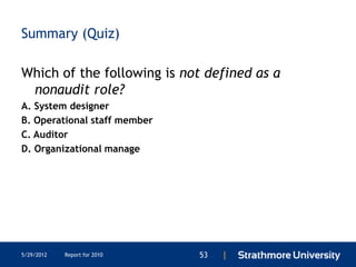 Summary (Quiz)

Which of the following is not defined as a
 nonaudit role?
A. System designer
B. Operational staff member
C. Auditor
D. Organizational manage




5/29/2012   Report for 2010   53   |
 