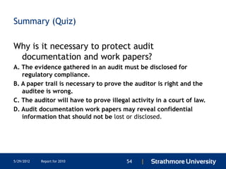 Summary (Quiz)

Why is it necessary to protect audit
 documentation and work papers?
A. The evidence gathered in an audit must be disclosed for
   regulatory compliance.
B. A paper trail is necessary to prove the auditor is right and the
   auditee is wrong.
C. The auditor will have to prove illegal activity in a court of law.
D. Audit documentation work papers may reveal confidential
   information that should not be lost or disclosed.




5/29/2012   Report for 2010             54   |
 