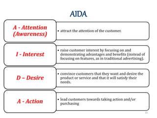 AIDA
10
• attract the attention of the customer.
A - Attention
(Awareness)
• raise customer interest by focusing on and
demonstrating advantages and benefits (instead of
focusing on features, as in traditional advertising).
I - Interest
• convince customers that they want and desire the
product or service and that it will satisfy their
needs.
D – Desire
• lead customers towards taking action and/or
purchasing
A - Action
 
