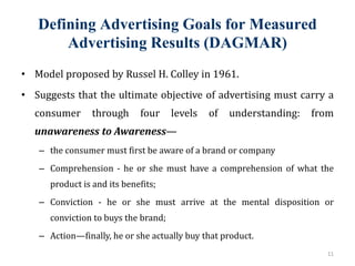 Defining Advertising Goals for Measured
Advertising Results (DAGMAR)
• Model proposed by Russel H. Colley in 1961.
• Suggests that the ultimate objective of advertising must carry a
consumer through four levels of understanding: from
unawareness to Awareness—
– the consumer must first be aware of a brand or company
– Comprehension - he or she must have a comprehension of what the
product is and its benefits;
– Conviction - he or she must arrive at the mental disposition or
conviction to buys the brand;
– Action—finally, he or she actually buy that product.
11
 