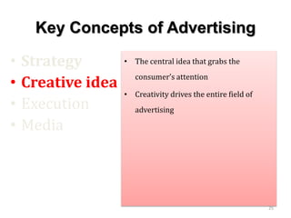 Key Concepts of Advertising
• Strategy
• Creative idea
• Execution
• Media
• The central idea that grabs the
consumer’s attention
• Creativity drives the entire field of
advertising
25
 