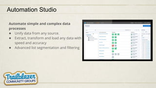Automation Studio
Automate simple and complex data
processes
● Unify data from any source.
● Extract, transform and load any data with
speed and accuracy
● Advanced list segmentation and filtering
 