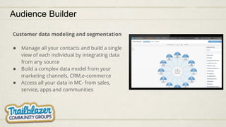 Audience Builder
Customer data modeling and segmentation
● Manage all your contacts and build a single
view of each individual by integrating data
from any source
● Build a complex data model from your
marketing channels, CRM,e-commerce
● Access all your data in MC- from sales,
service, apps and communities
 